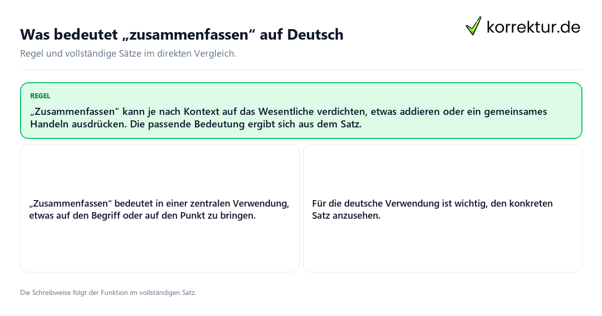 Konkrete Regel und vollständige Beispielsätze zu Was bedeutet „zusammenfassen“ auf Deutsch