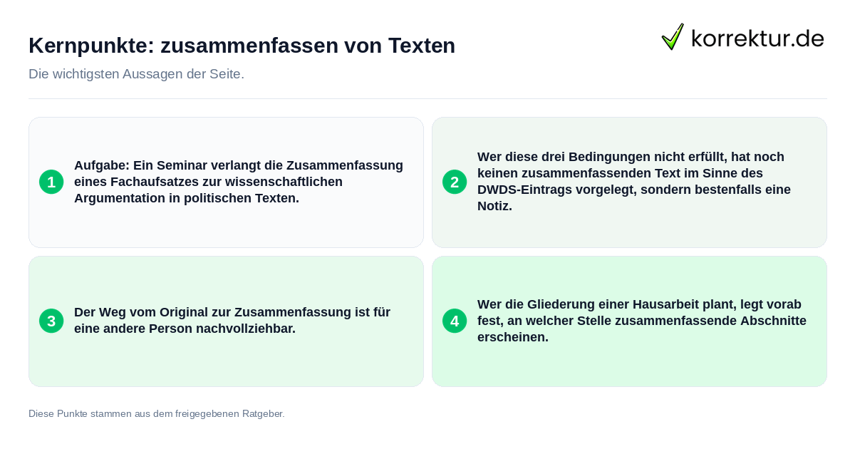 Kernpunkte: zusammenfassen von Texten Konkrete Kernpunkte zu zusammenfassen von Texten