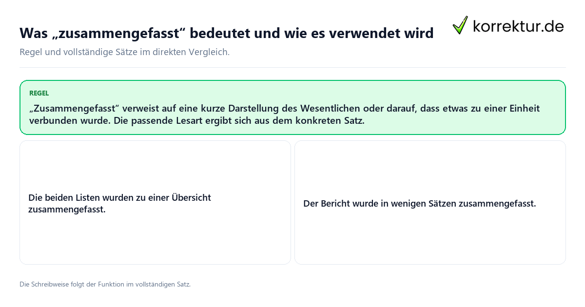 Konkrete Regel und vollständige Beispielsätze zu Was „zusammengefasst“ bedeutet und wie es verwendet wird