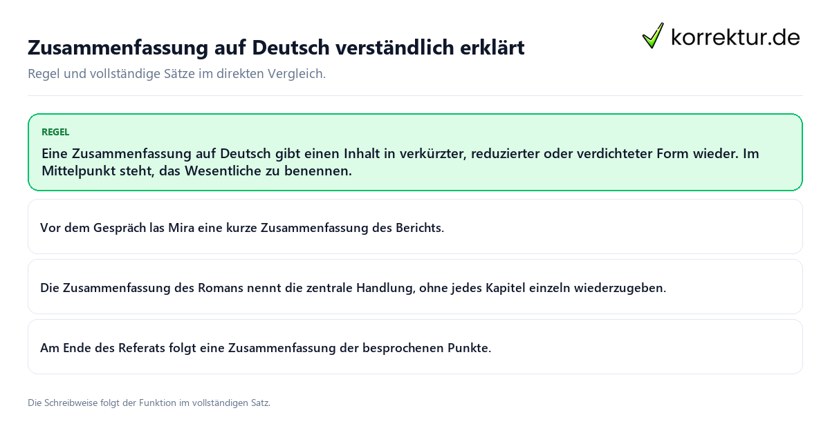Konkrete Regel und vollständige Beispielsätze zu Zusammenfassung auf Deutsch verständlich erklärt