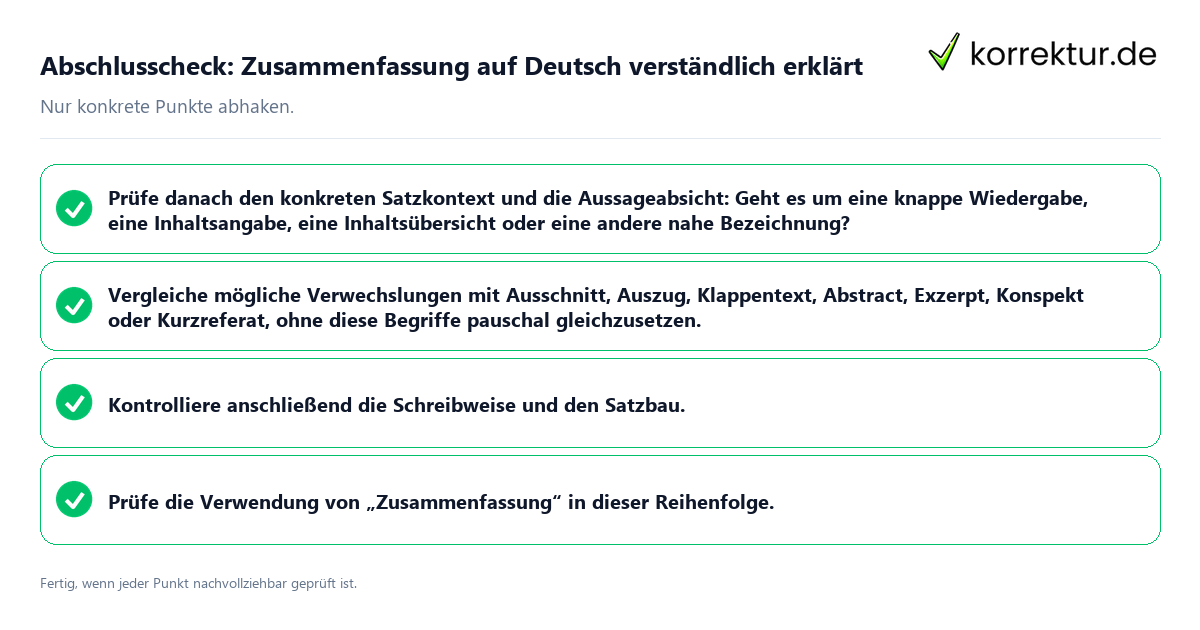 Konkreter Abschlusscheck zu Zusammenfassung auf Deutsch verständlich erklärt