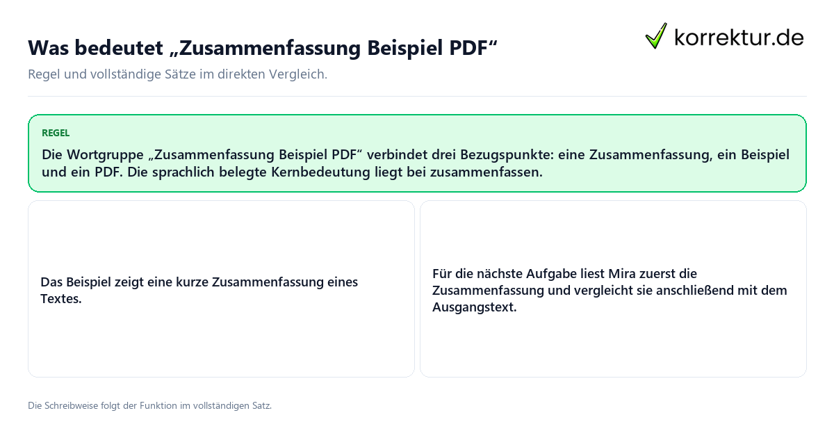 Konkrete Regel und vollständige Beispielsätze zu Was bedeutet „Zusammenfassung Beispiel PDF“