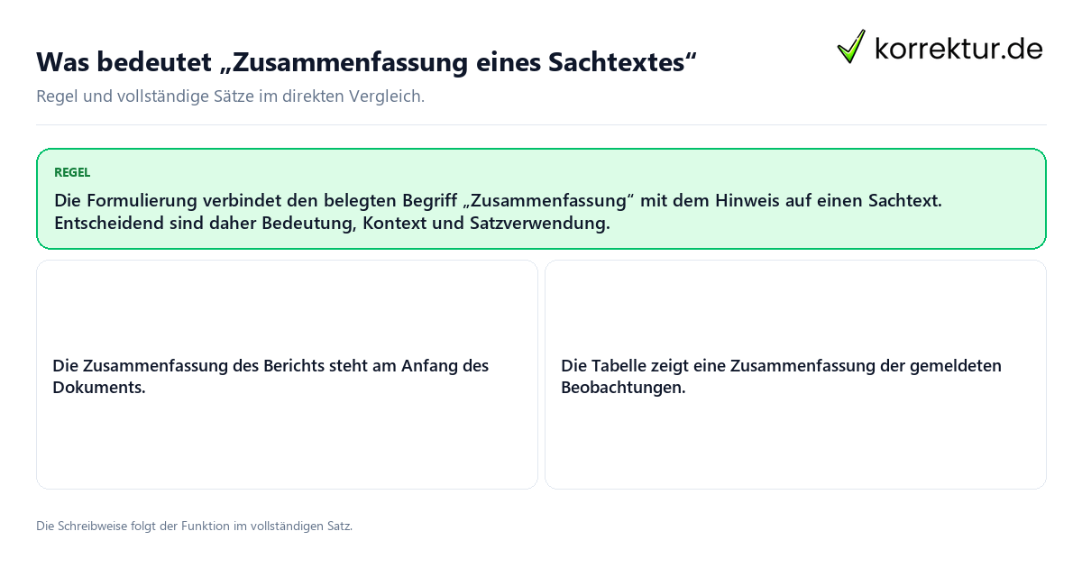 Was bedeutet „Zusammenfassung eines Sachtextes“ Konkrete Regel und vollständige Beispielsätze zu Was bedeutet „Zusammenfassung eines Sachtextes“