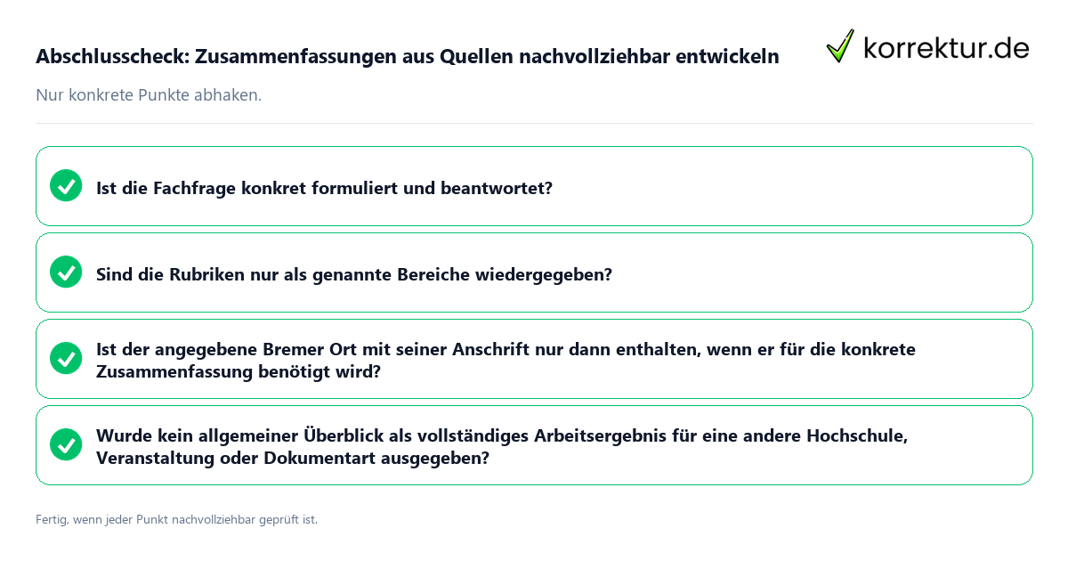 Konkreter Abschlusscheck zu Zusammenfassungen aus Quellen nachvollziehbar entwickeln