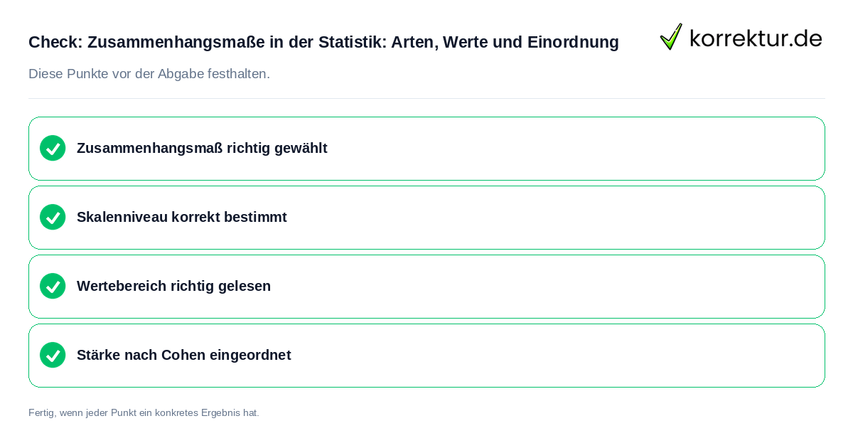Check: Zusammenhangsmaße in der Statistik: Arten, Werte und Einordnung Zusammenhangsmaße in der Statistik: Arten, Werte und Einordnung: Prüfliste mit vier Punkten