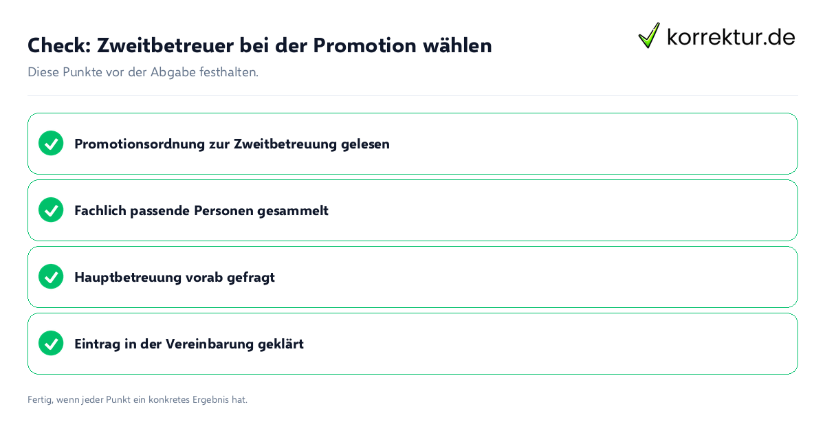 Check: Zweitbetreuer bei der Promotion wählen Zweitbetreuer bei der Promotion wählen: Prüfliste mit vier Punkten