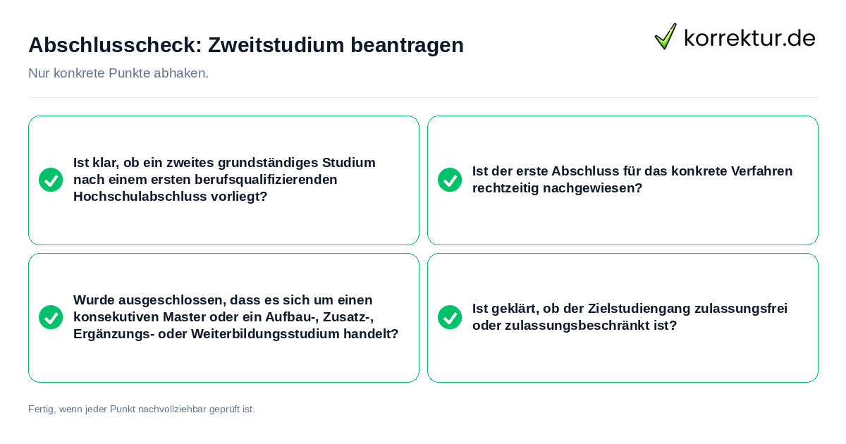 Abschlusscheck: Zweitstudium beantragen Konkreter Abschlusscheck zu Zweitstudium beantragen