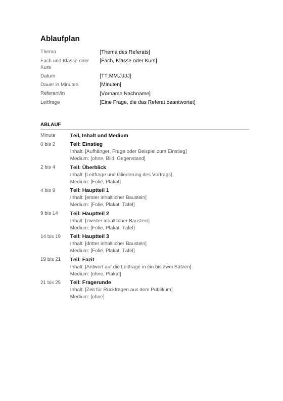 Vorschau der ersten Seite: Referat: Ablaufplan, Sprechzettel und Plakatplan